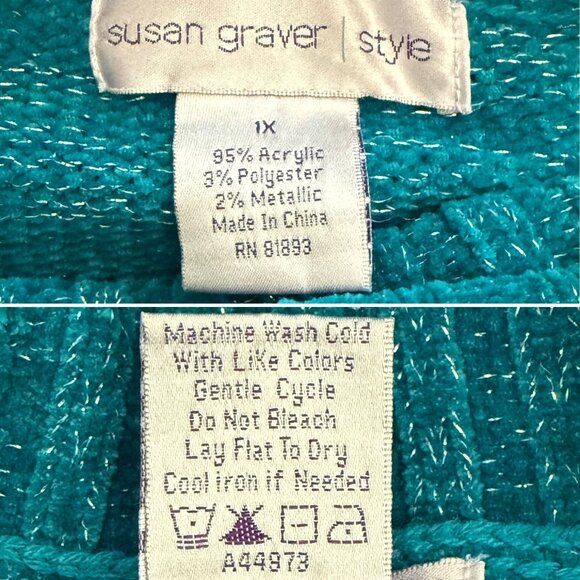 Y2K Susan Graver Sz 1X Teal Turtleneck Sweater with Silver Metallic Knit Yarn - Picture 4 of 8